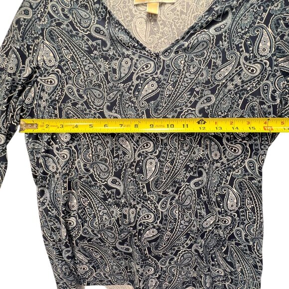 Michael Kors Paisley Bell Sleeve Top Metallic Shoulder VNeck Navy White S Womens - Picture 10 of 11
